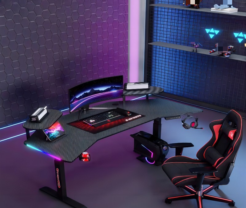 Esports Gaming Lab - โต๊ะเกมมิ่งไฟฟ้าอัจฉริยะแบบยืน-นั่ง ขนาดใหญ่พิเศษ หน้าโต๊ะโค้งทำจากคาร์บอนไฟเบอร์ พร้อมไฟ RGB LED