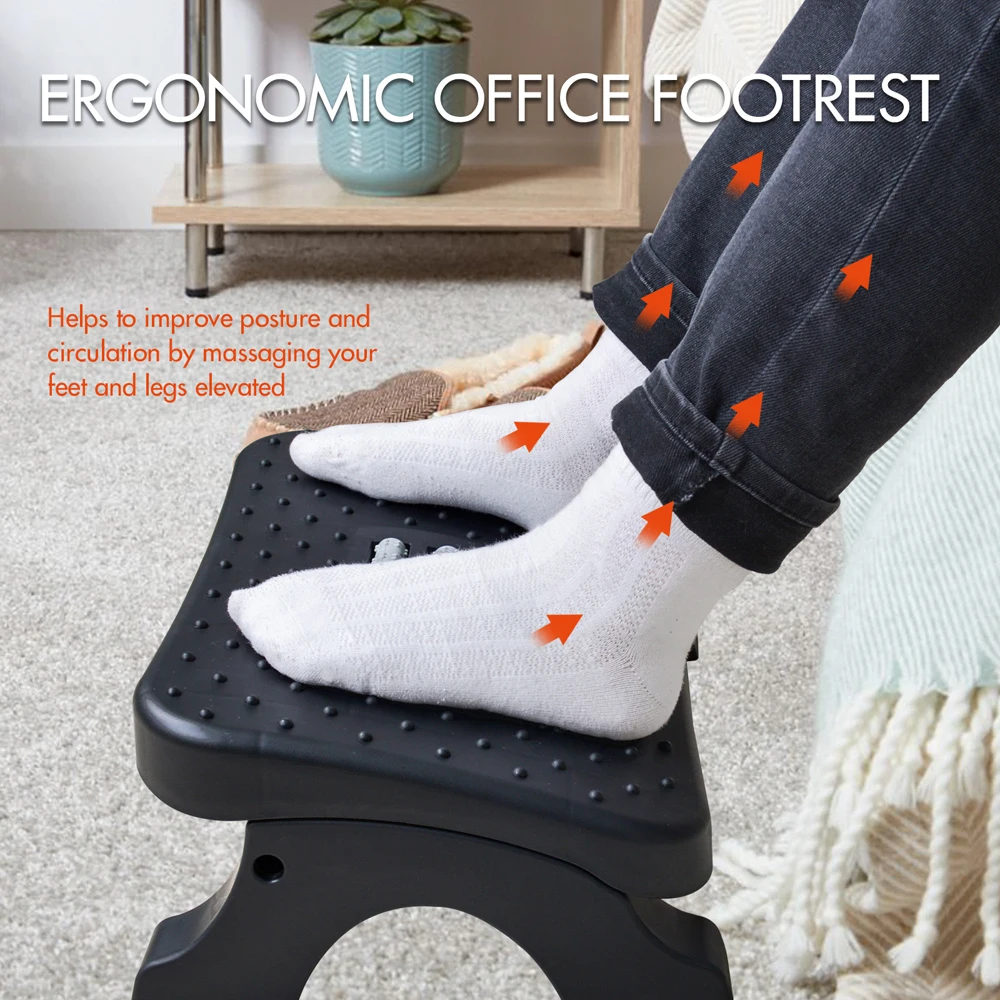 Footrest Under Desk - ที่วางเท้าใต้โต๊ะตามหลักสรีรศาสตร์พร้อมลูกกลิ้งนวด รองรับน้ำหนักได้ 120 ปอนด์ ปรับความสูงได้ บรรเทาอาการปวดสำหรับสำนักงานและที่บ้าน