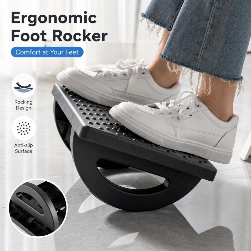 Footrest Under Desk - ที่วางเท้าใต้โต๊ะทำงานแบบเออร์กอนอมิกส์ พร้อมลูกกลิ้งนวด ที่วางเท้าแบบพกพาสำหรับสำนักงาน บ้าน หรือพักผ่อน ﻿